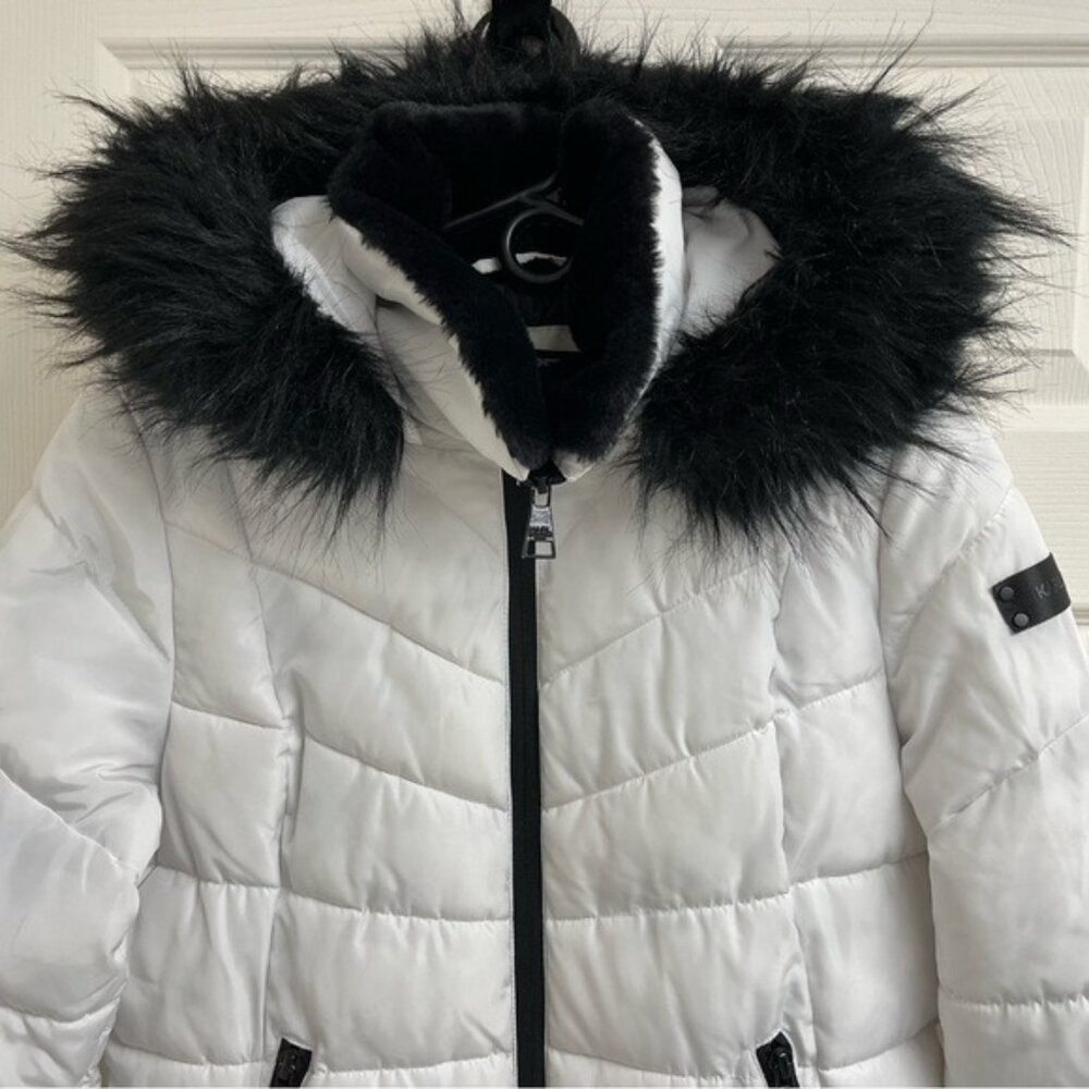 Karl Lagerfeld Paris White Long Faux Fur Puffer Coat - Size Large - Picture 2 of 16
